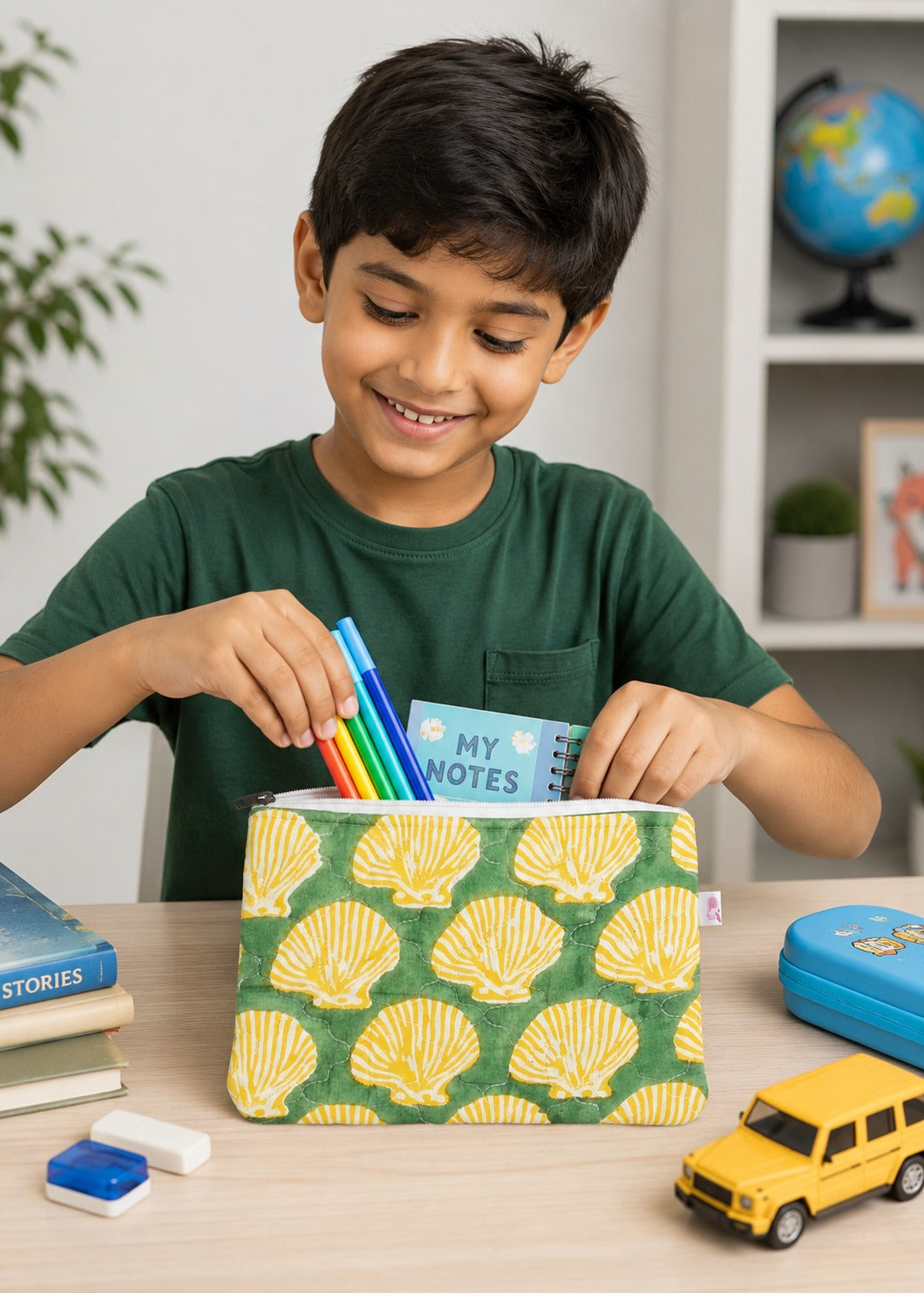 Handblock Printed Cotton Kids’ Flat Pouch with Zip Closure