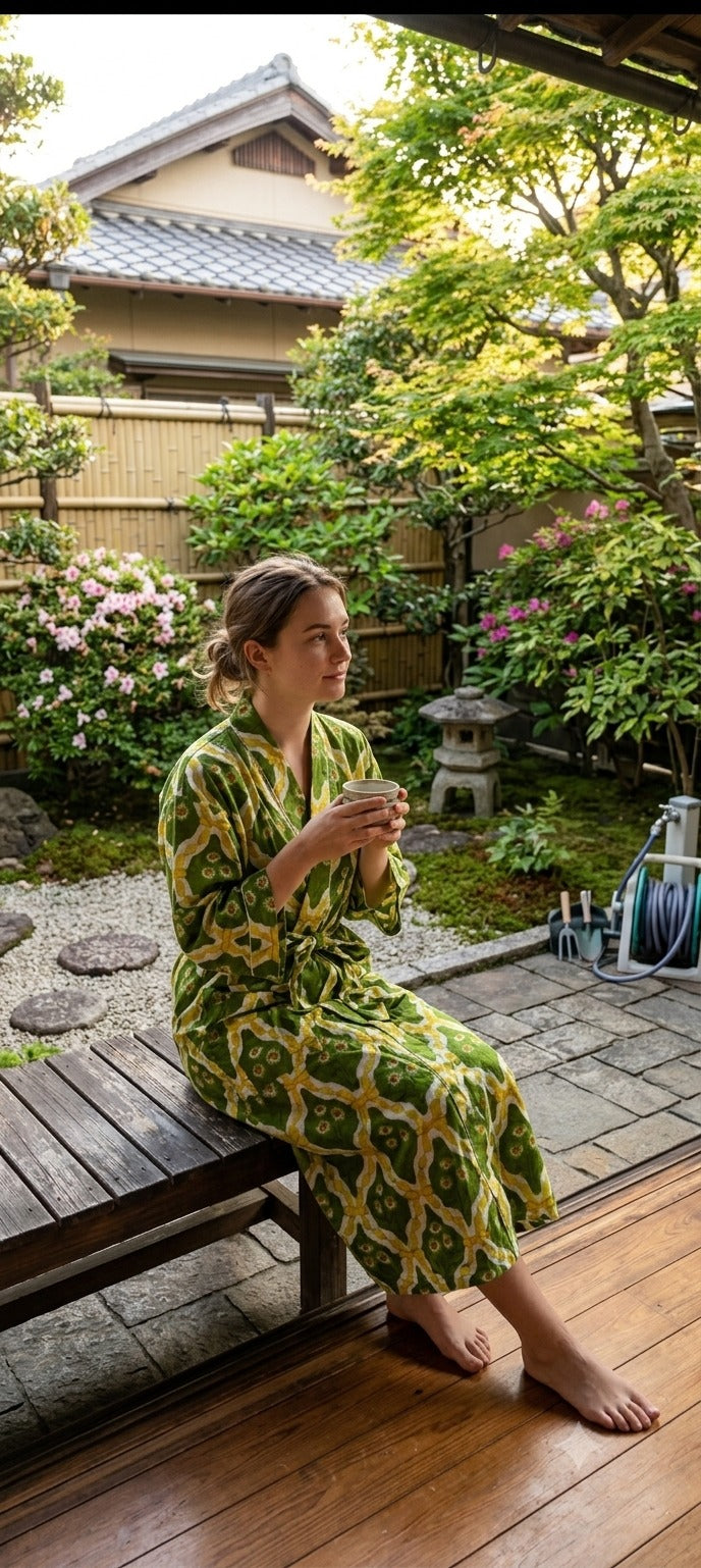 Cotton Kimono Handblock Printed Unisex Bathrobe - Free Size