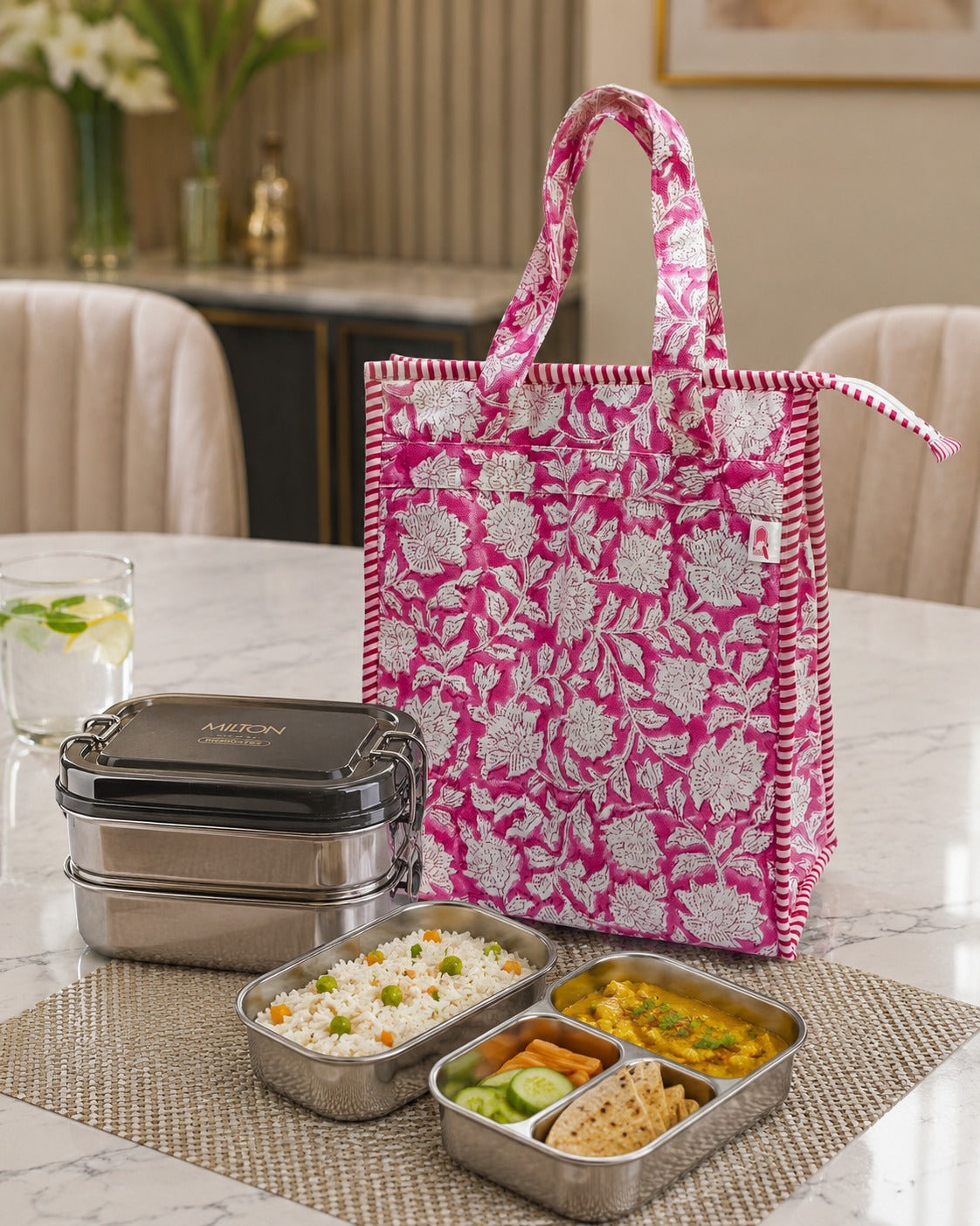 Handblock Printed Insulated Lunch Bag in Canvas Cotton with Zipper Closure (10*14*5  inches)