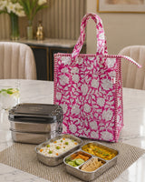 Handblock Printed Insulated Lunch Bag in Canvas Cotton with Zipper Closure (10*14*5  inches)