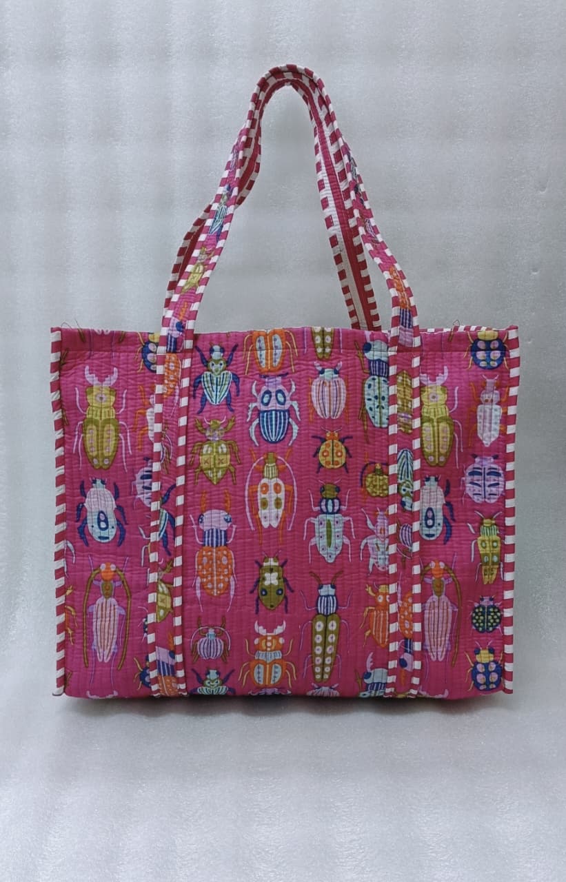 Handblock Printed Quilted Tote Bag without zip/button 17x18x 6 inches
