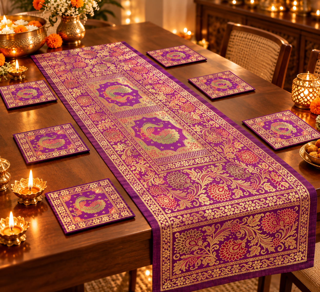 Diwali Gift Box with Banarasi Zari Table Runner, Set Of 6 Mats, 6 coaster, 6 inch Metal Urli