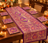 Diwali Gift Box with Banarasi Zari Table Runner, Set Of 6 Mats, 6 coaster, 6 inch Metal Urli