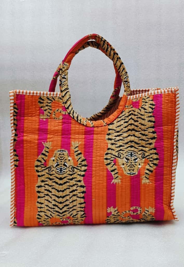Handblock Printed Cotton Tote Bag with Unique Moon-Shaped Handle- 14x14x6 inches