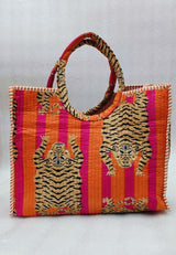Handblock Printed Cotton Tote Bag with Unique Moon-Shaped Handle- 14x14x6 inches