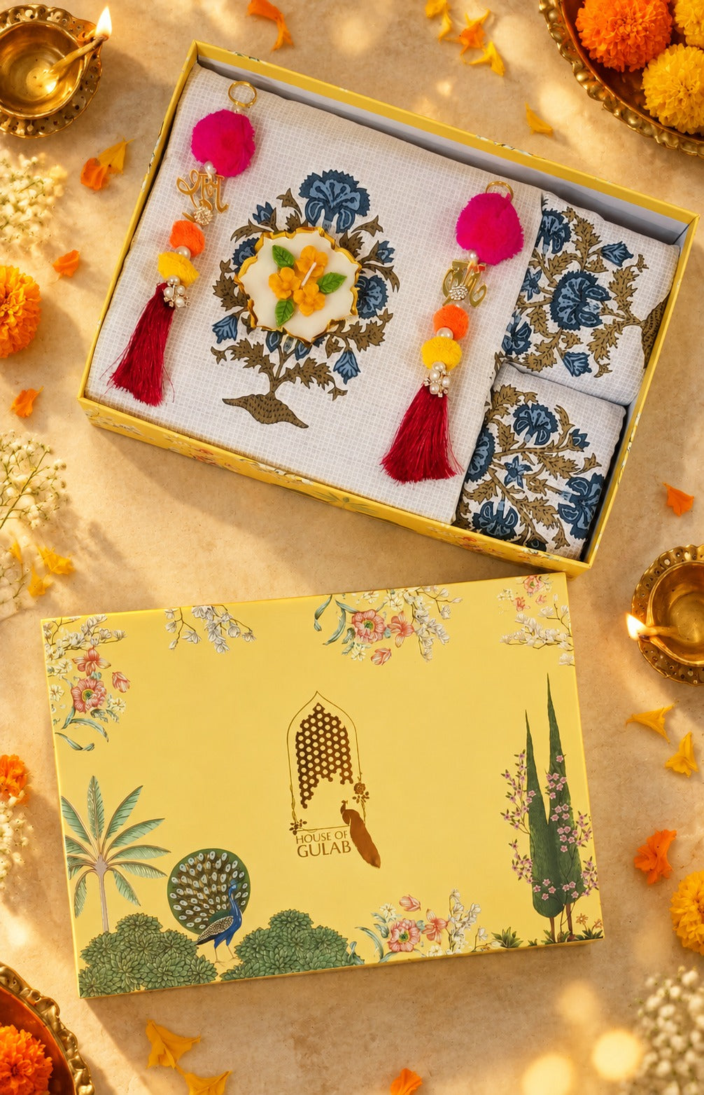 Diwali Luxury Gift Box | 1 Ethnic Motifs Super King Size Bedsheet with 2 Pillow Covers, 1 Handmade Urli Candle, Set of 2 Door Hangings