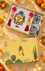 Diwali Luxury Gift Box | 1 Ethnic Motifs Super King Size Bedsheet with 2 Pillow Covers, 1 Handmade Urli Candle, Set of 2 Door Hangings