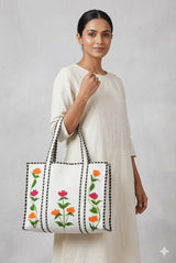 Hand-Painted Floral Tote Bag – Double-Sided Artisan Cotton Tote | Spacious Everyday Carry Bag (No Zip)- 17x18x6 inches