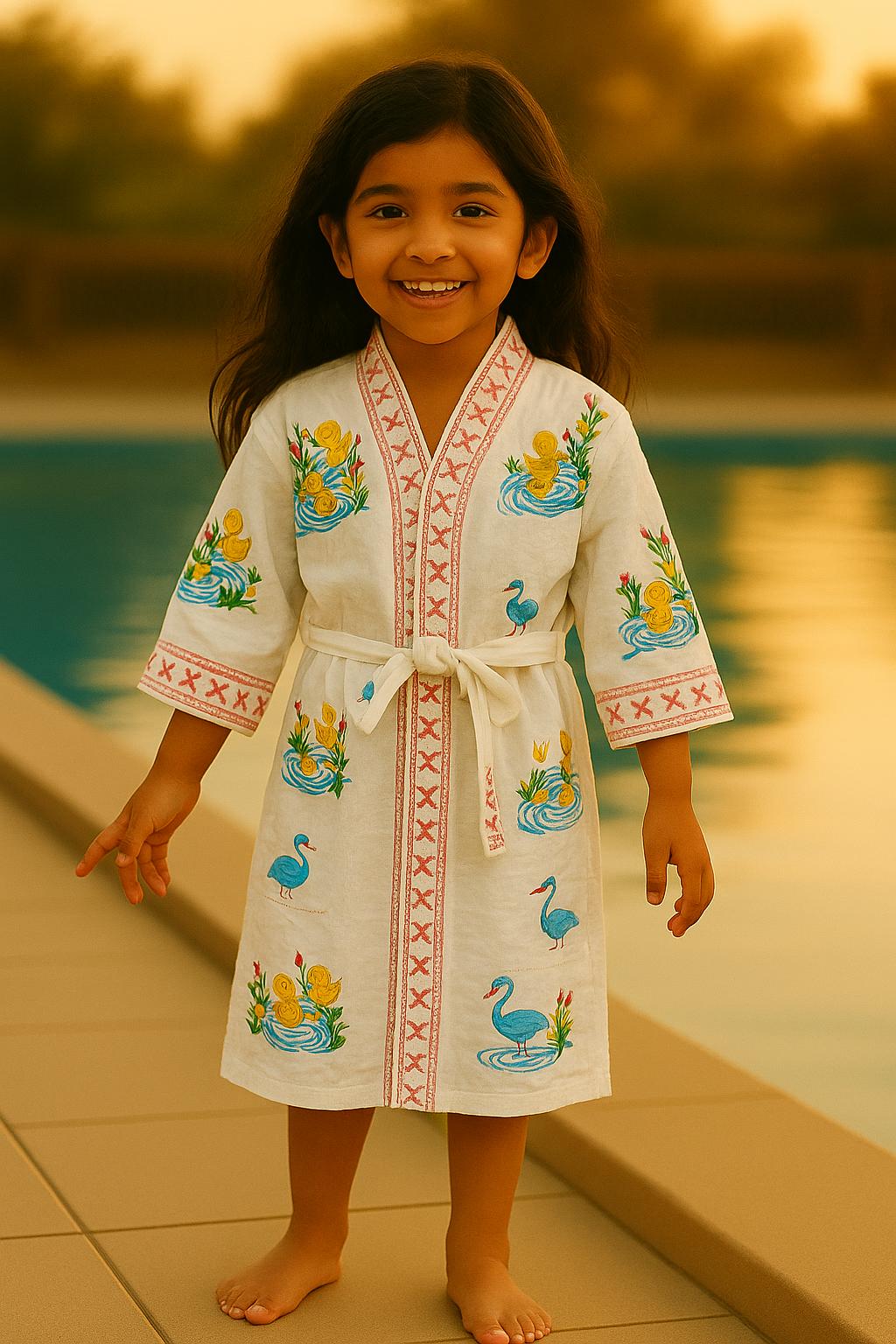 Handblock printed waffle cotton bathrobe for kids - 4-13 years old