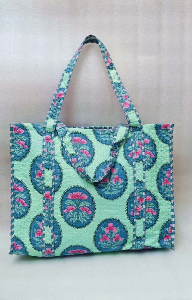 Handblock Printed Quilted Tote Bag without zip/button 17x18x 6 inches