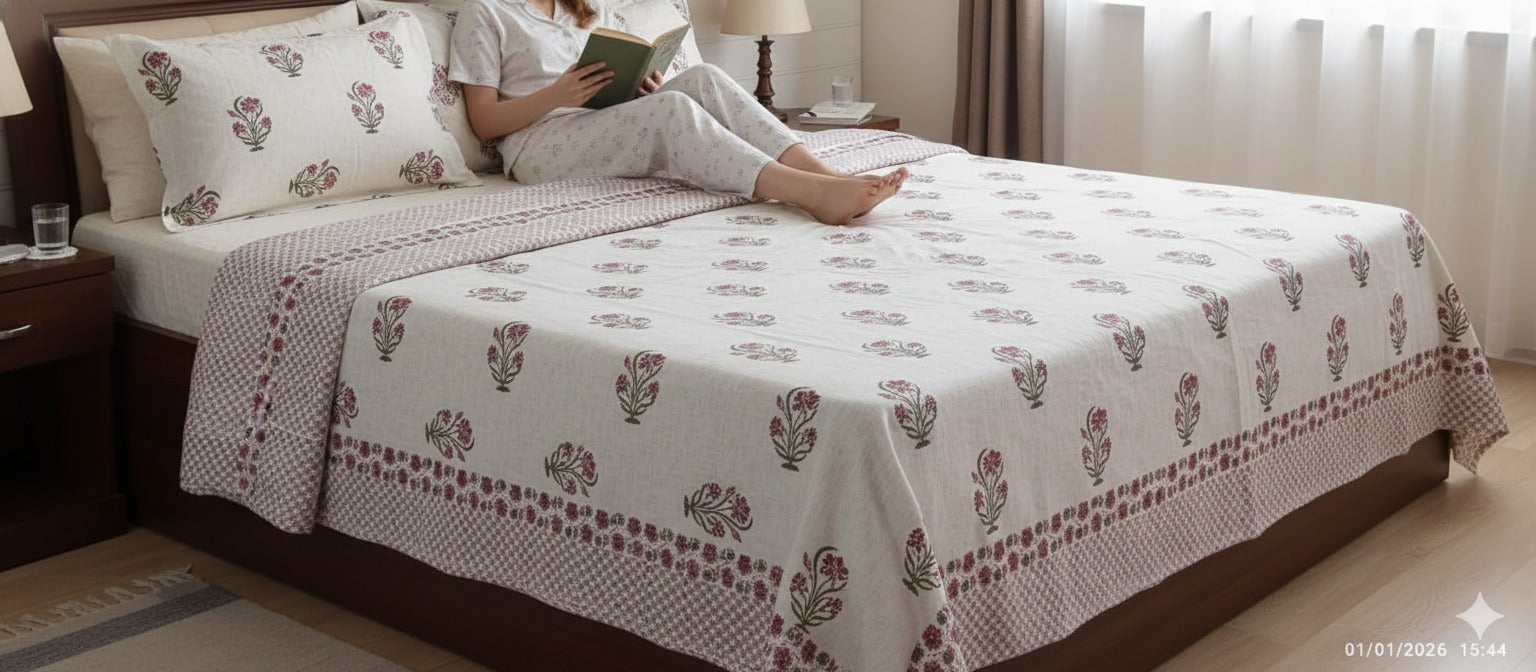 Handblock printed Jute Cotton Bedcover - Double King with 2 Pillow Covers