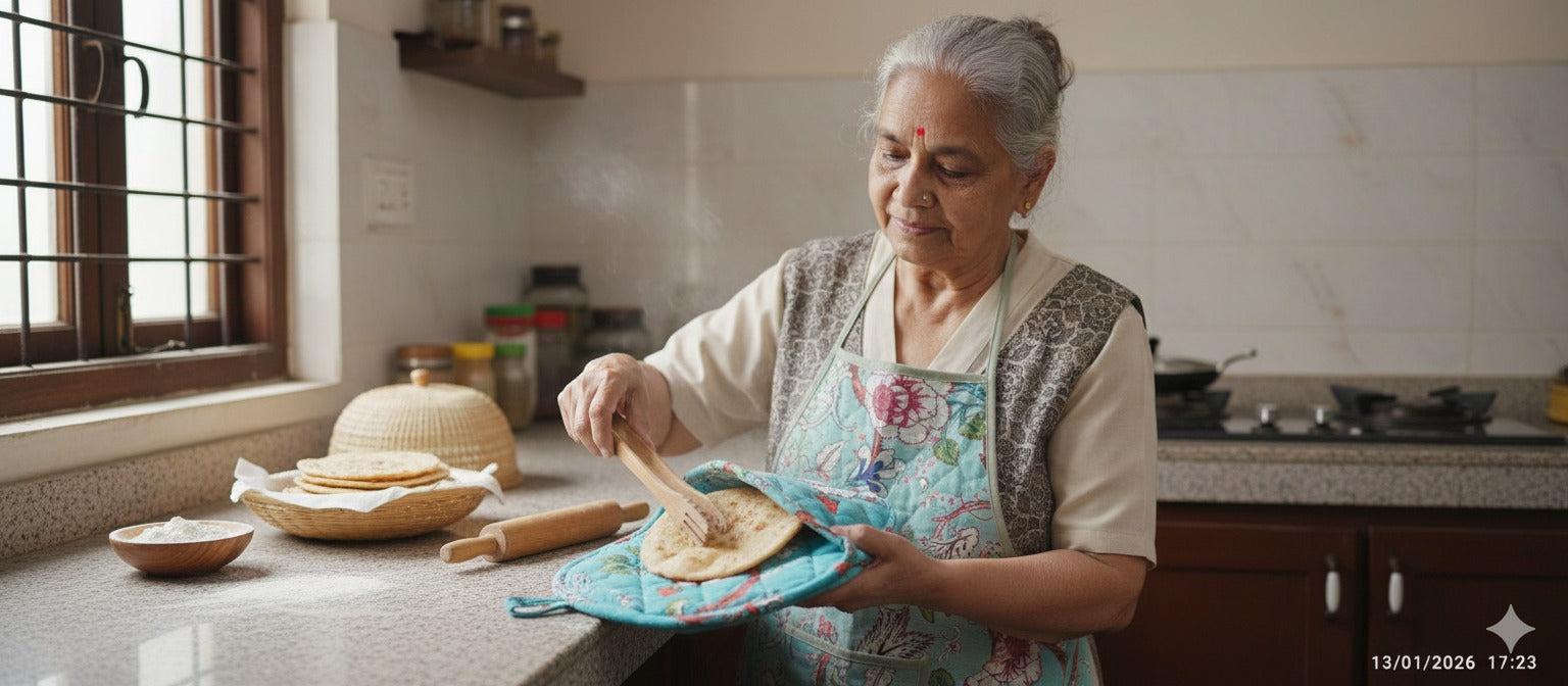 Cotton Unisex 1 Apron with 2 Microwave Gloves, 1 Roti Cover & 1 Microwave Pot Holder Trivets