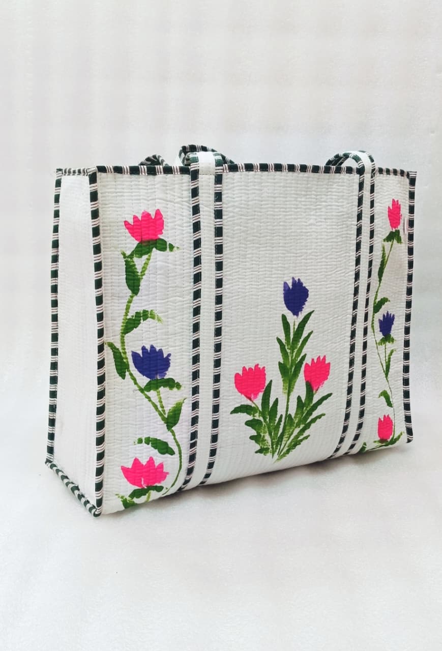 Hand-Painted Floral Tote Bag – Double-Sided Artisan Cotton Tote | Spacious Everyday Carry Bag (No Zip)- 17x18x6 inches