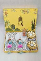 Diwali Gift Box | 1 Super Soft Percale Bedsheet, 1 Pair Door Hanging, 2 Metal Diyas, 2 Laddoo Candles