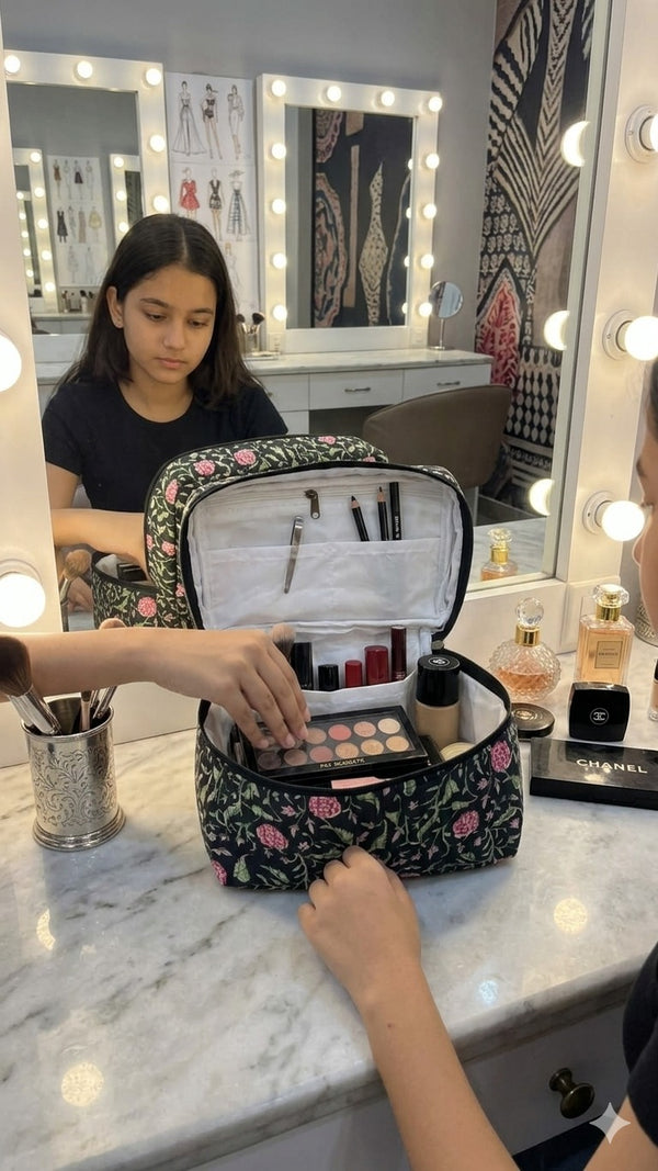 Handcrafted Quilted Makeup Organizer Bag | Cosmetic & Travel Vanity Case - 9x6.5x6.2 inches