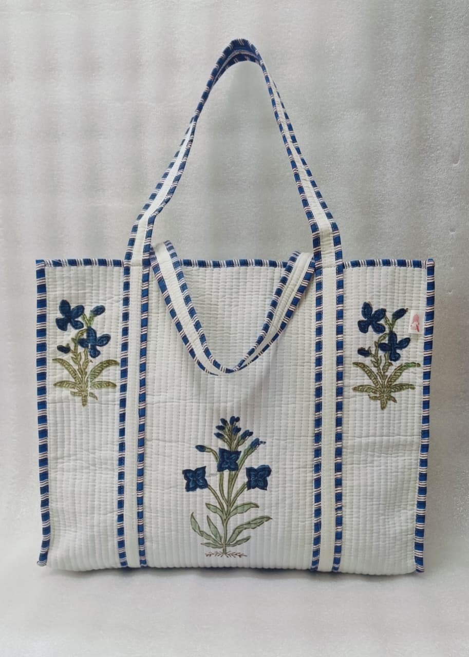 Classic White Block Printed Quilted Tote Bag without zip/button 17x18x 6 inches