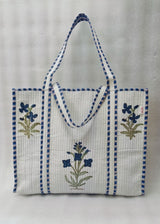 Classic White Block Printed Quilted Tote Bag without zip/button 17x18x 6 inches