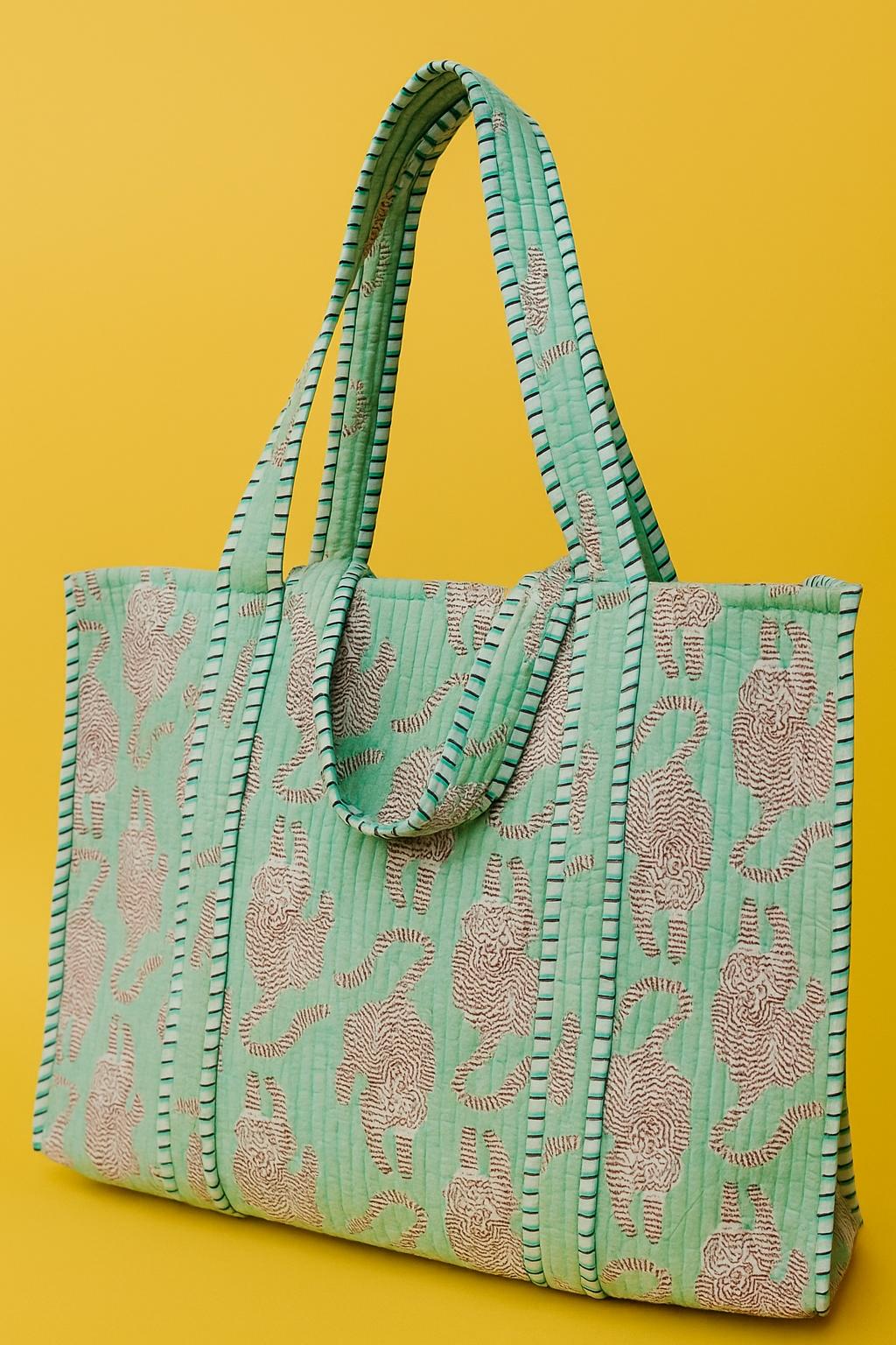 Handblock Printed Quilted Tote Bag without zip/button 17x18x 6 inches