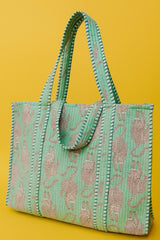 Handblock Printed Quilted Tote Bag without zip/button 17x18x 6 inches