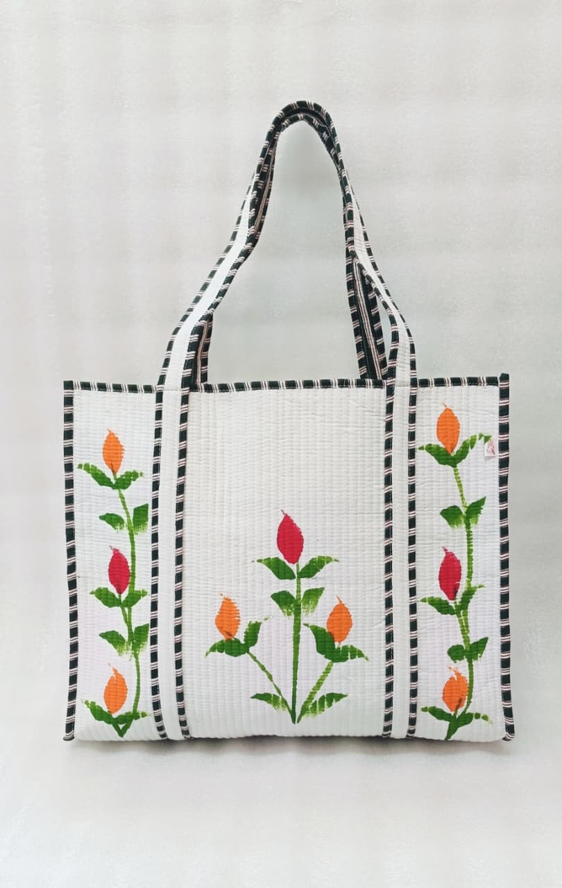 Hand-Painted Floral Tote Bag – Double-Sided Artisan Cotton Tote | Spacious Everyday Carry Bag (No Zip)- 17x18x6 inches
