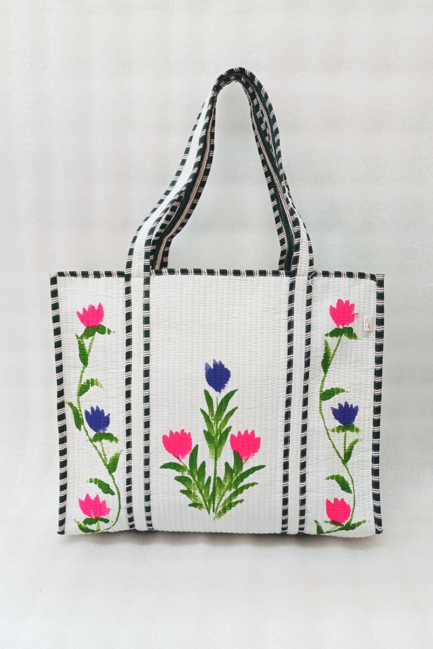 Hand-Painted Floral Tote Bag – Double-Sided Artisan Cotton Tote | Spacious Everyday Carry Bag (No Zip)- 17x18x6 inches