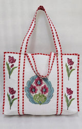Classic White Block Printed Quilted Tote Bag without zip/button 17x18x 6 inches