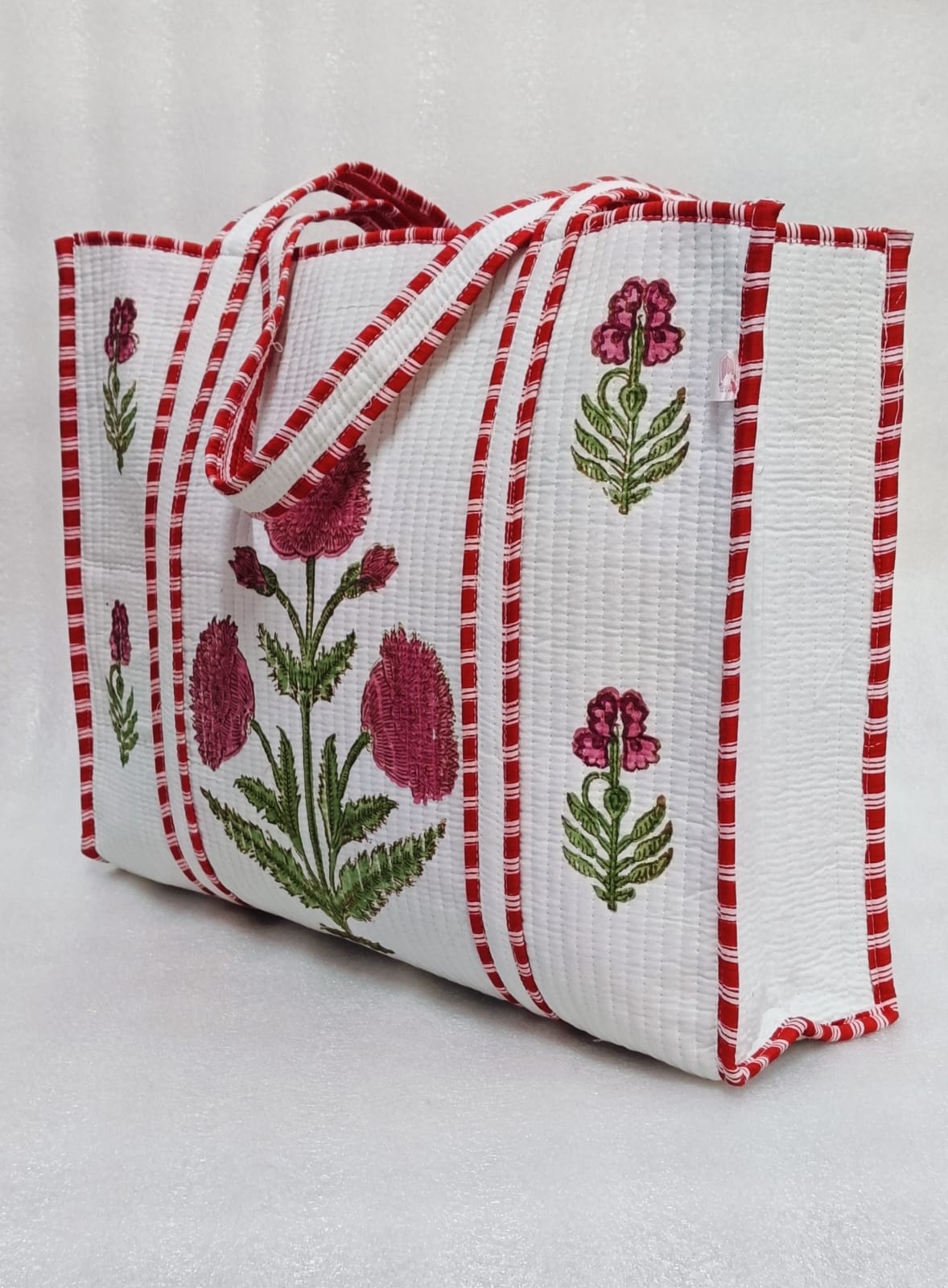 Classic White Block Printed Quilted Tote Bag without zip/button 17x18x 6 inches
