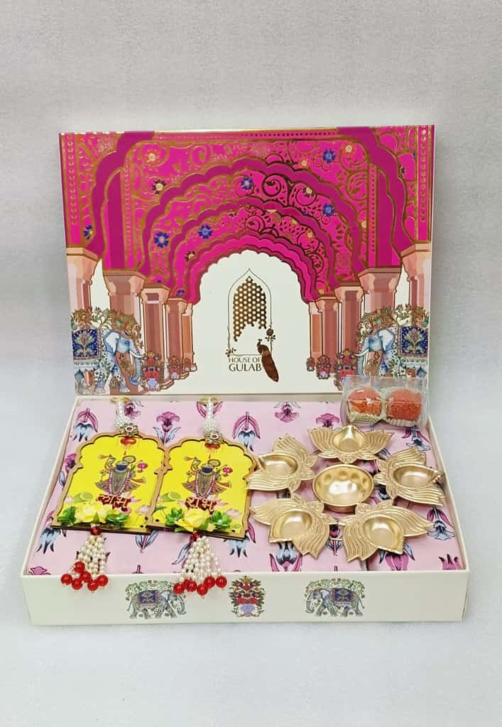 Diwali Gift Box | 1 Double Bedsheet, 1 Pair Door Hanging, 1 Metal Urli, 2 Laddoo Candles