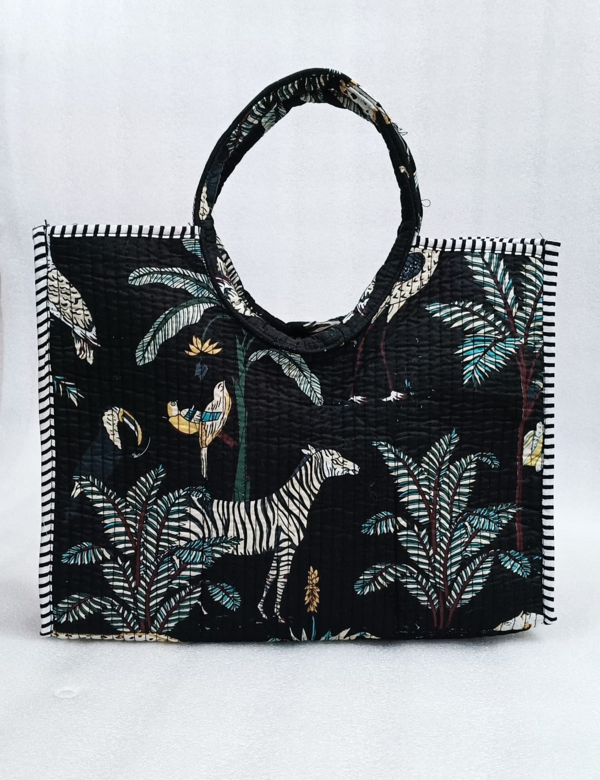 Handblock Printed Cotton Tote Bag with Unique Moon-Shaped Handle- 14x14x6 inches
