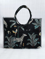 Handblock Printed Cotton Tote Bag with Unique Moon-Shaped Handle- 14x14x6 inches