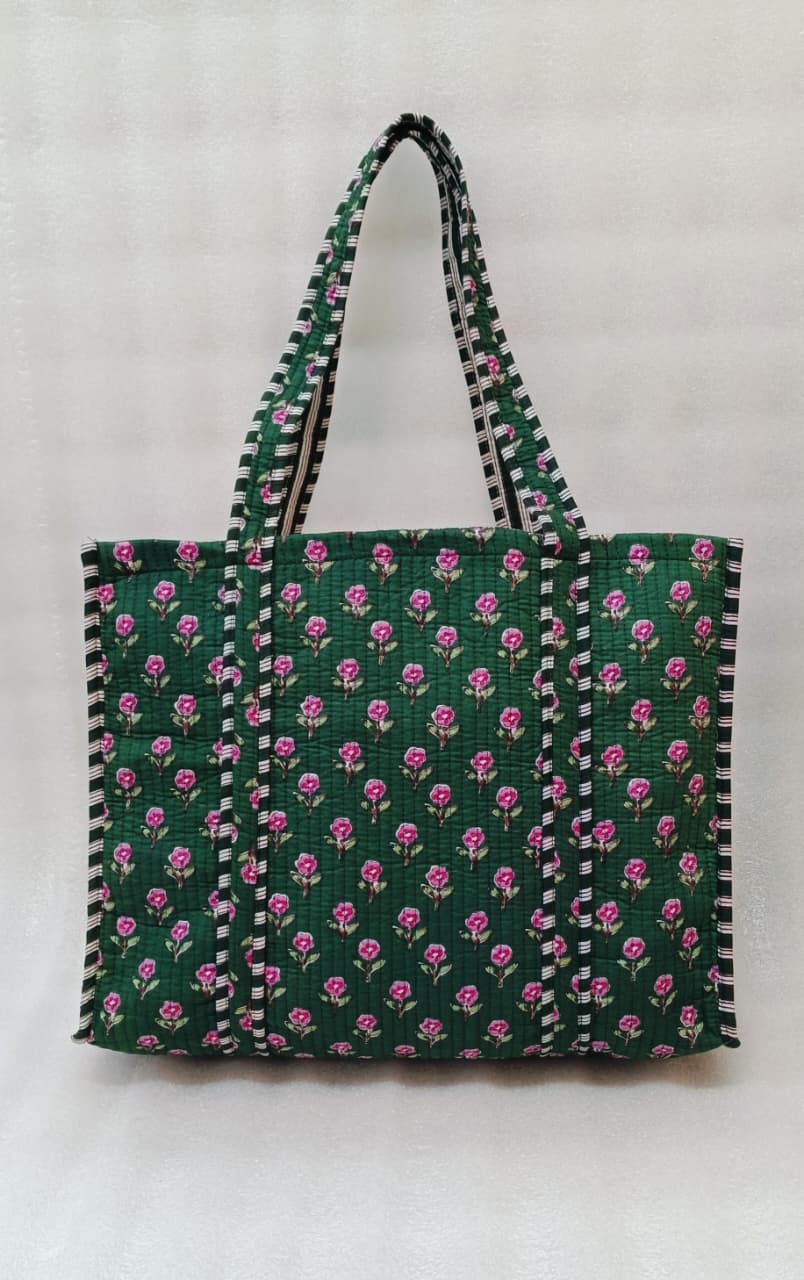 Handblock Printed Quilted Tote Bag without zip/button 17x18x 6 inches