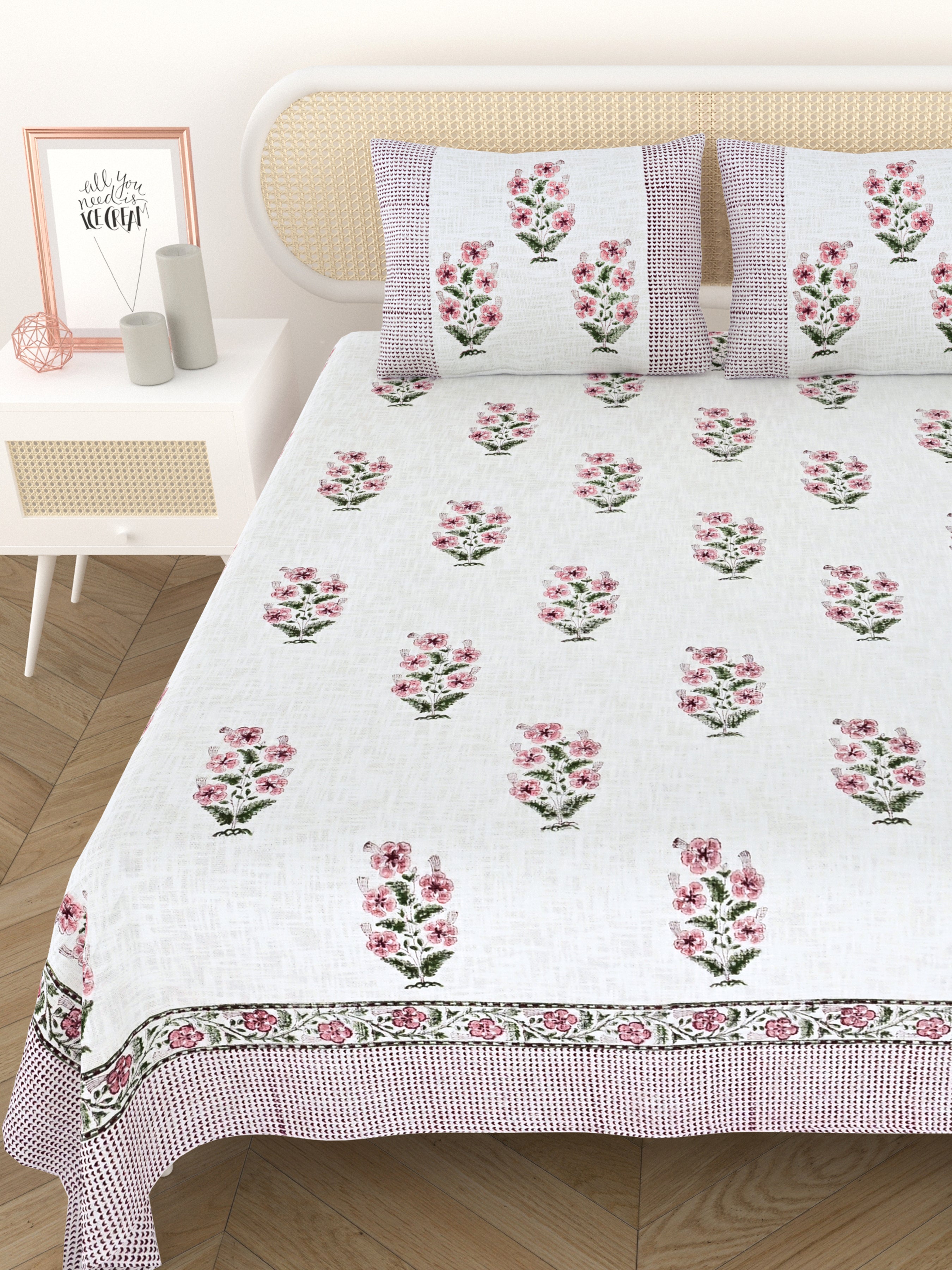 Handblock printed Jute Cotton Bedcover - Double King with 2 Pillow Covers