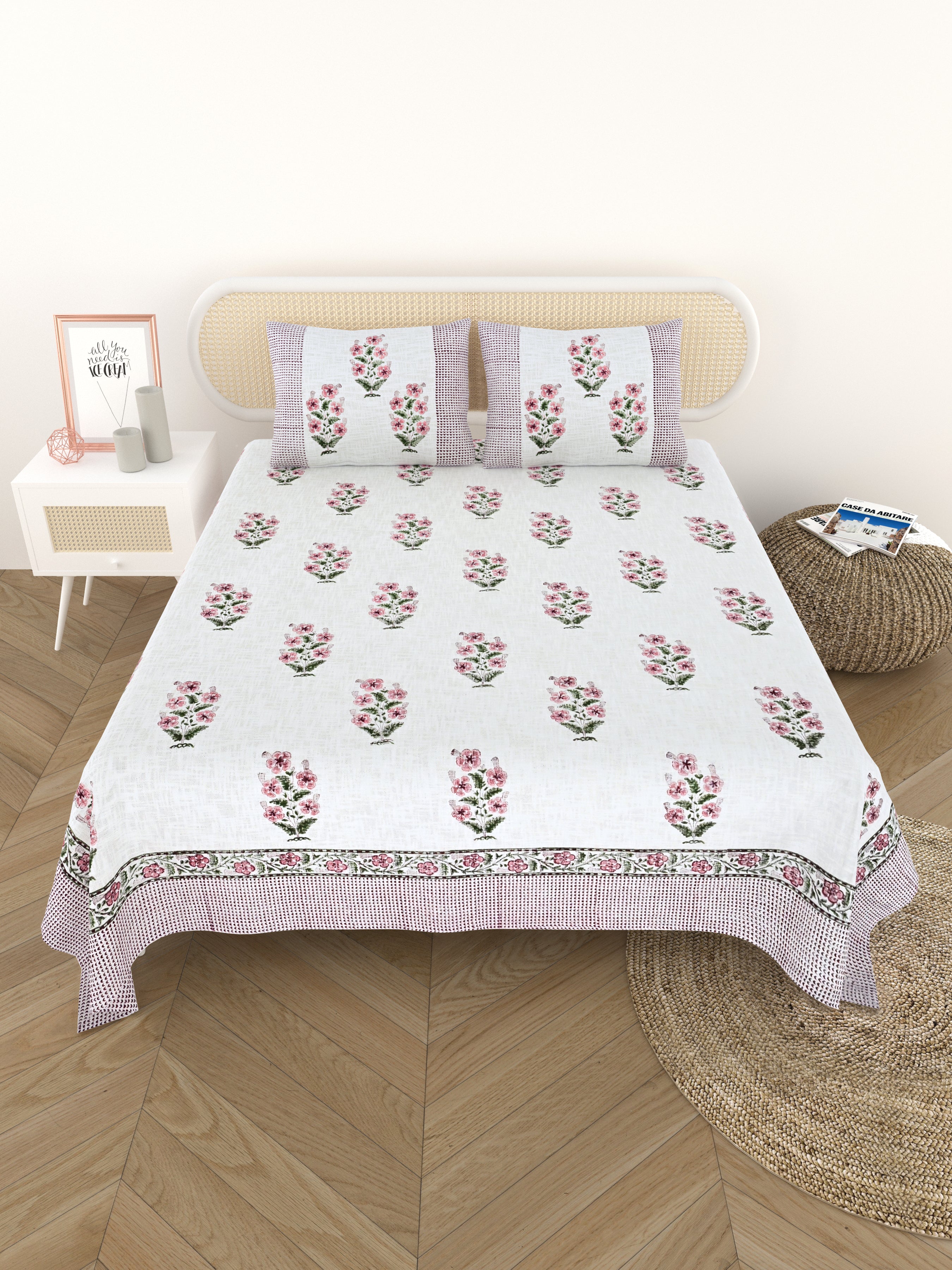 Handblock printed Jute Cotton Bedcover - Double King with 2 Pillow Covers