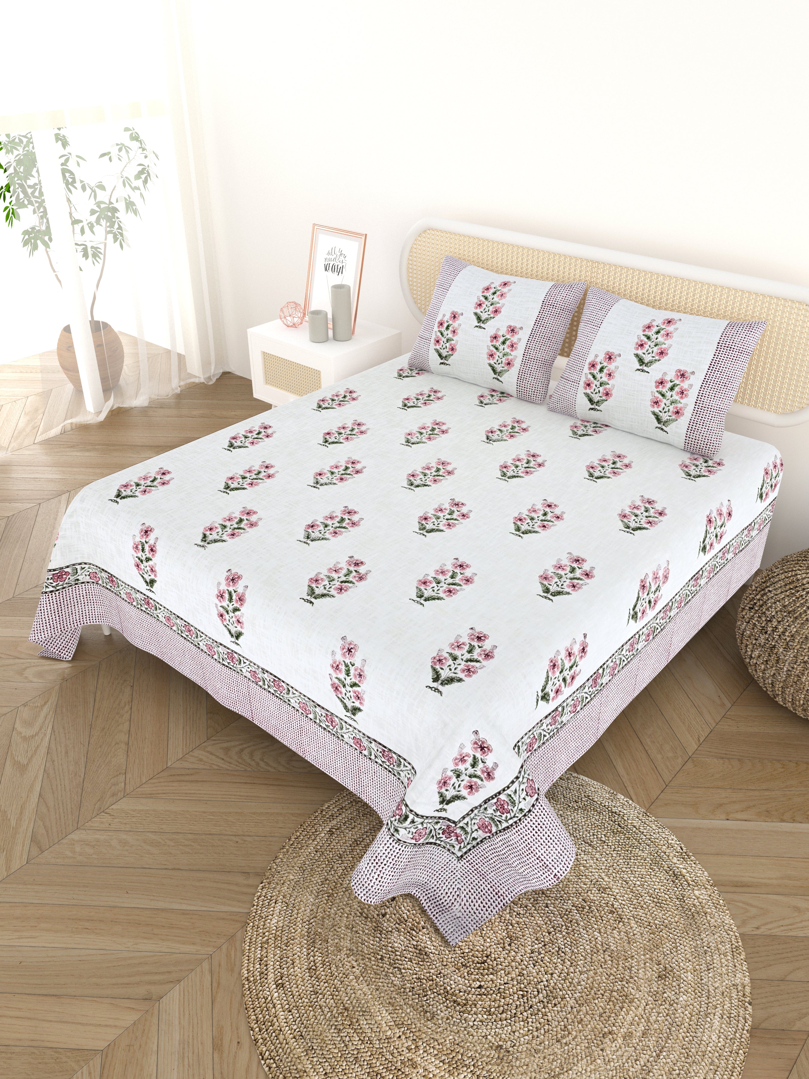 Handblock printed Jute Cotton Bedcover - Double King with 2 Pillow Covers