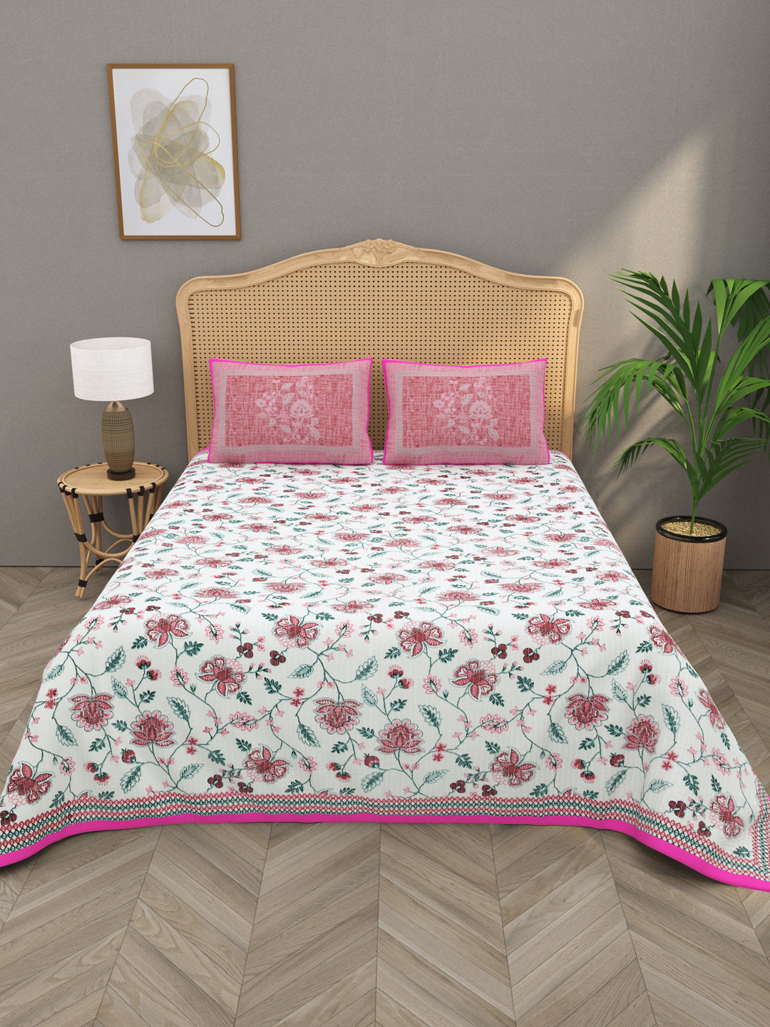 Quilted Floral Printed Reversible Bedcover with 2 Pillow Covers