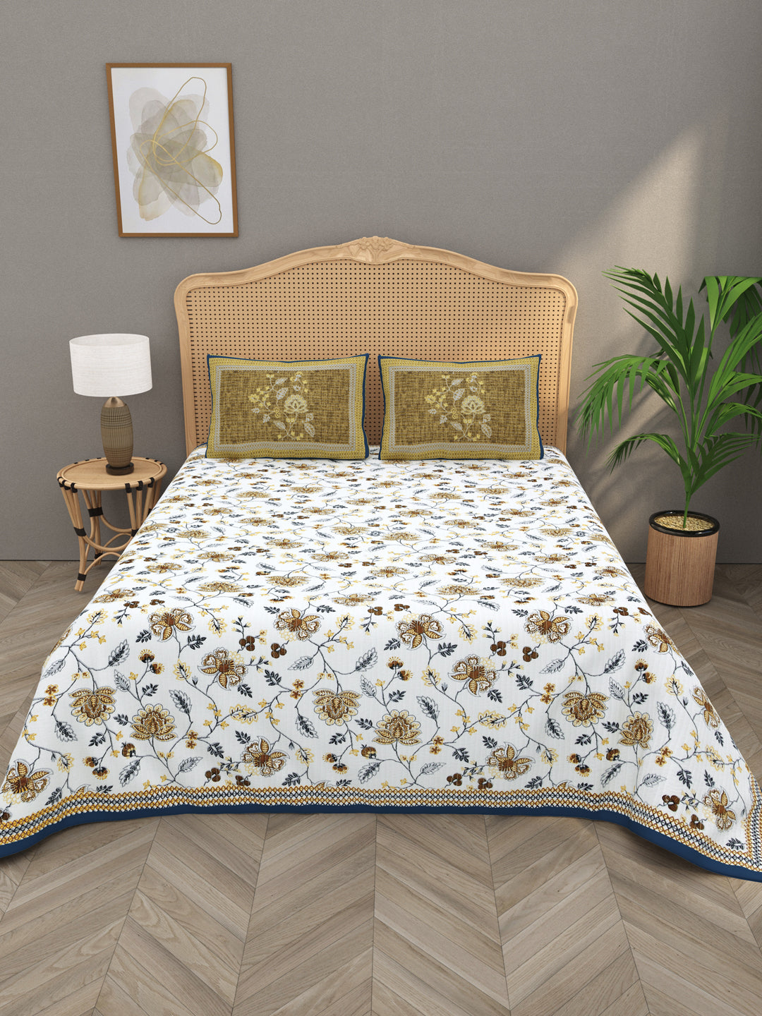 Quilted Floral Printed Reversible Bedcover with 2 Pillow Covers