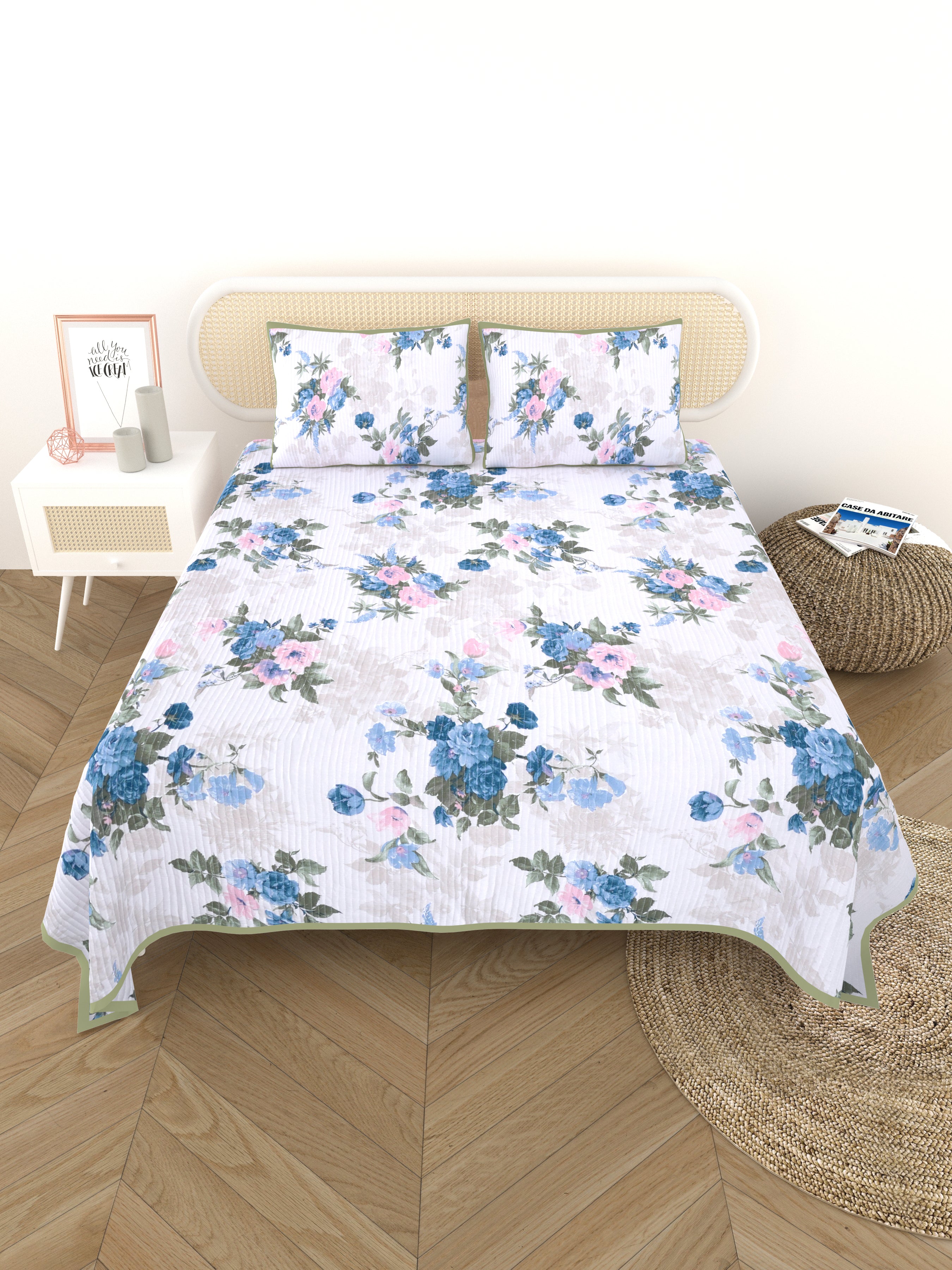 Quilted Floral Printed Reversible Bedcover with 2 Pillow Covers