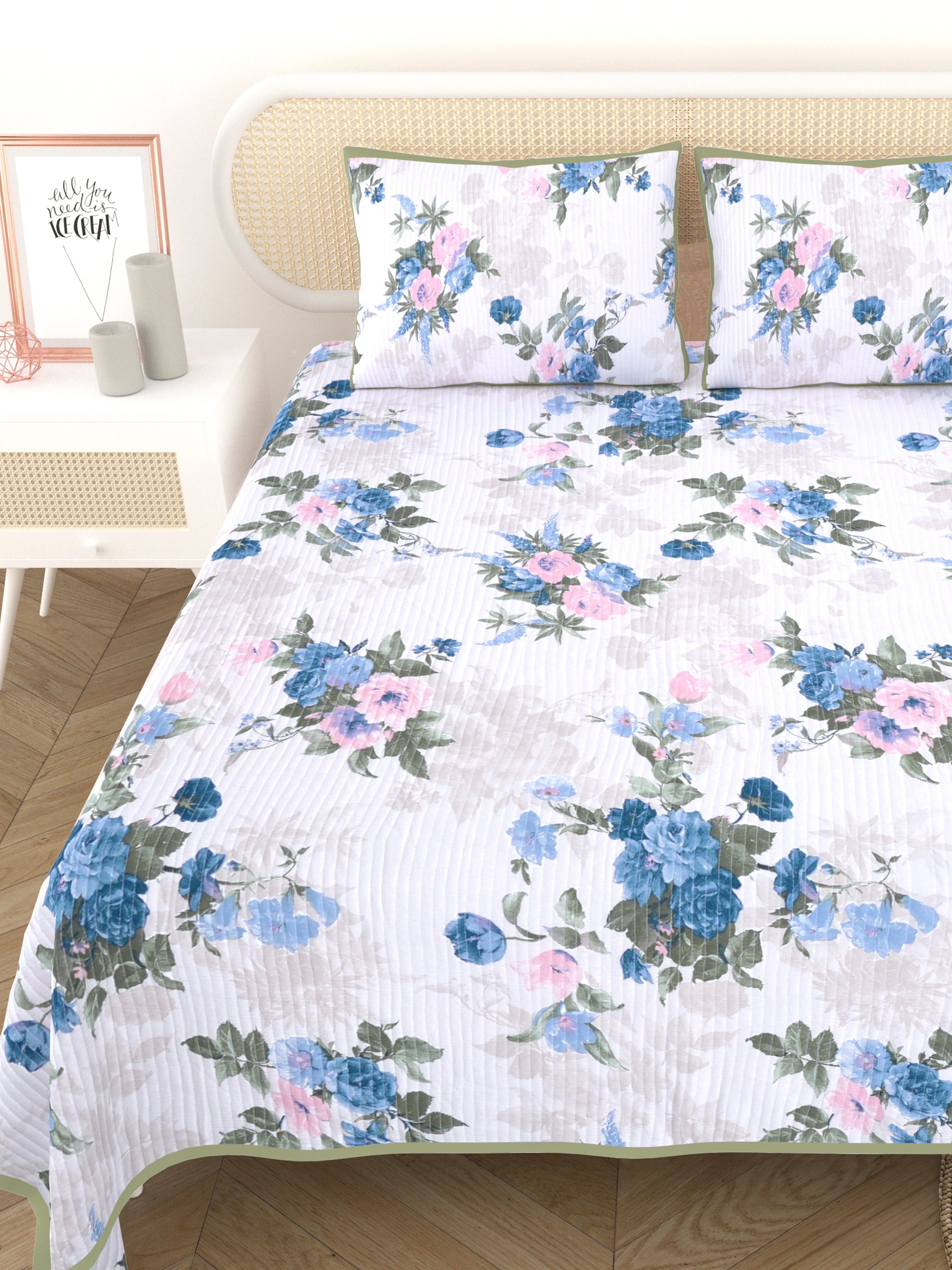 Quilted Floral Printed Reversible Bedcover with 2 Pillow Covers