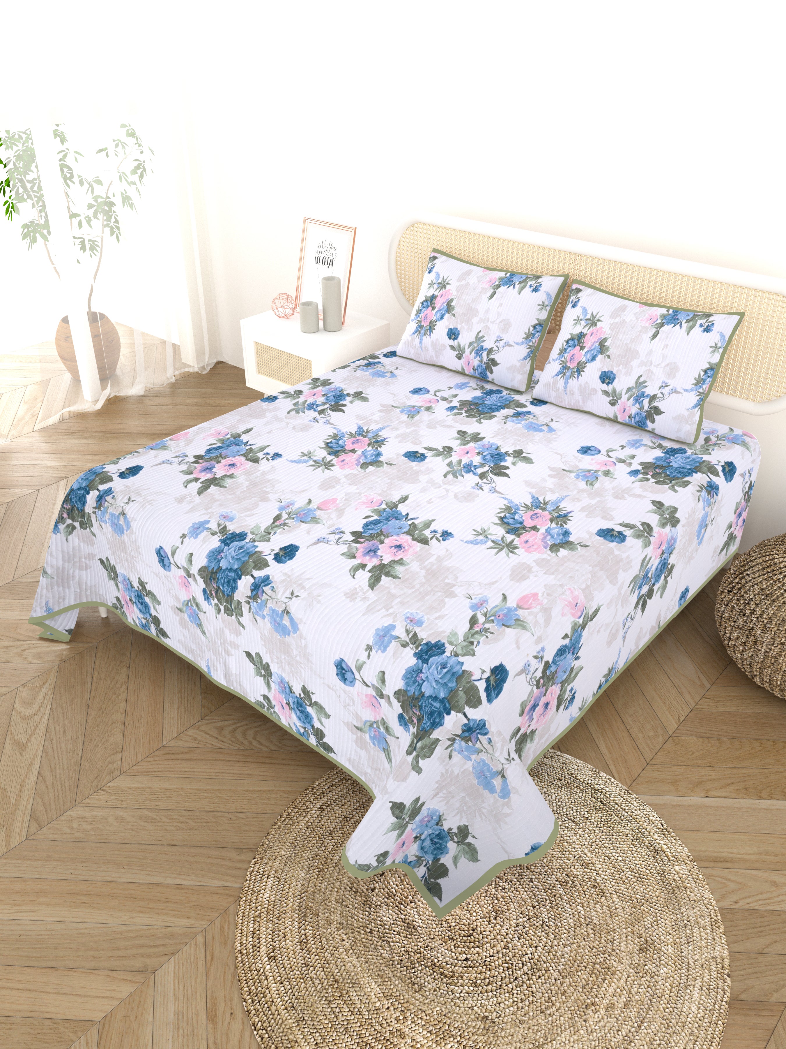 Quilted Floral Printed Reversible Bedcover with 2 Pillow Covers