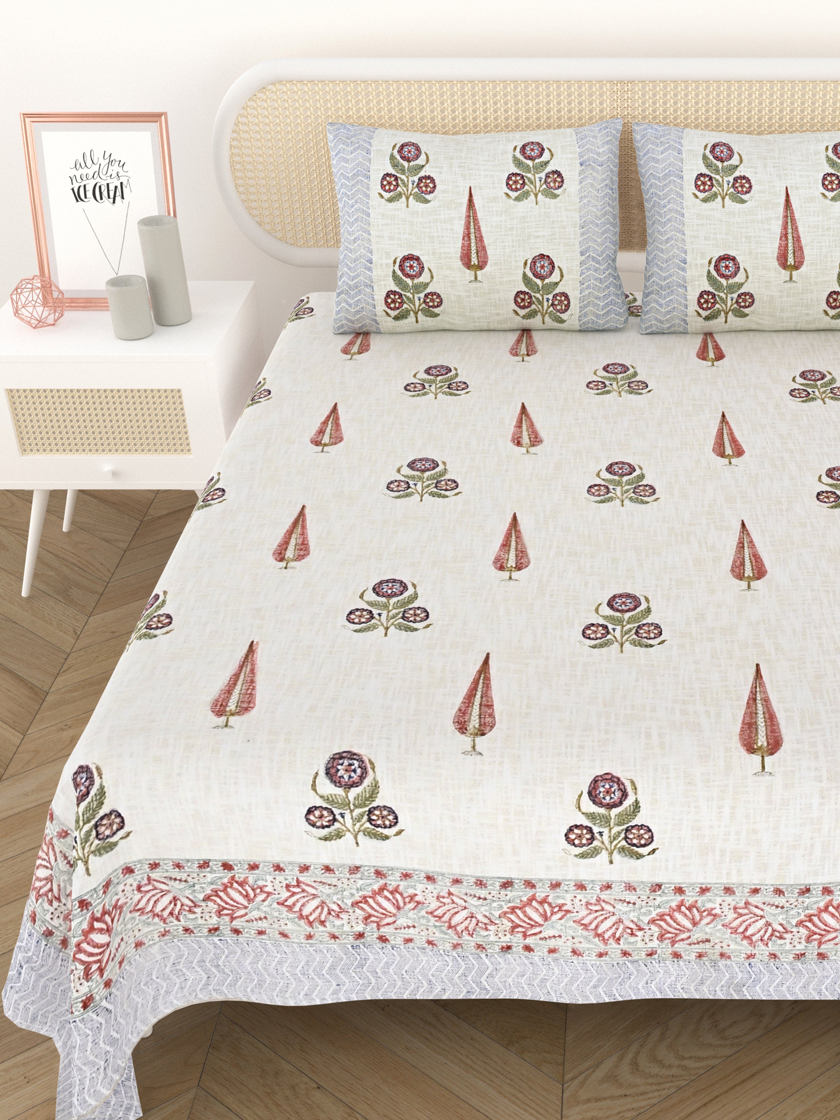 Handblock printed Jute Cotton Bedcover - Double King with 2 Pillow Covers