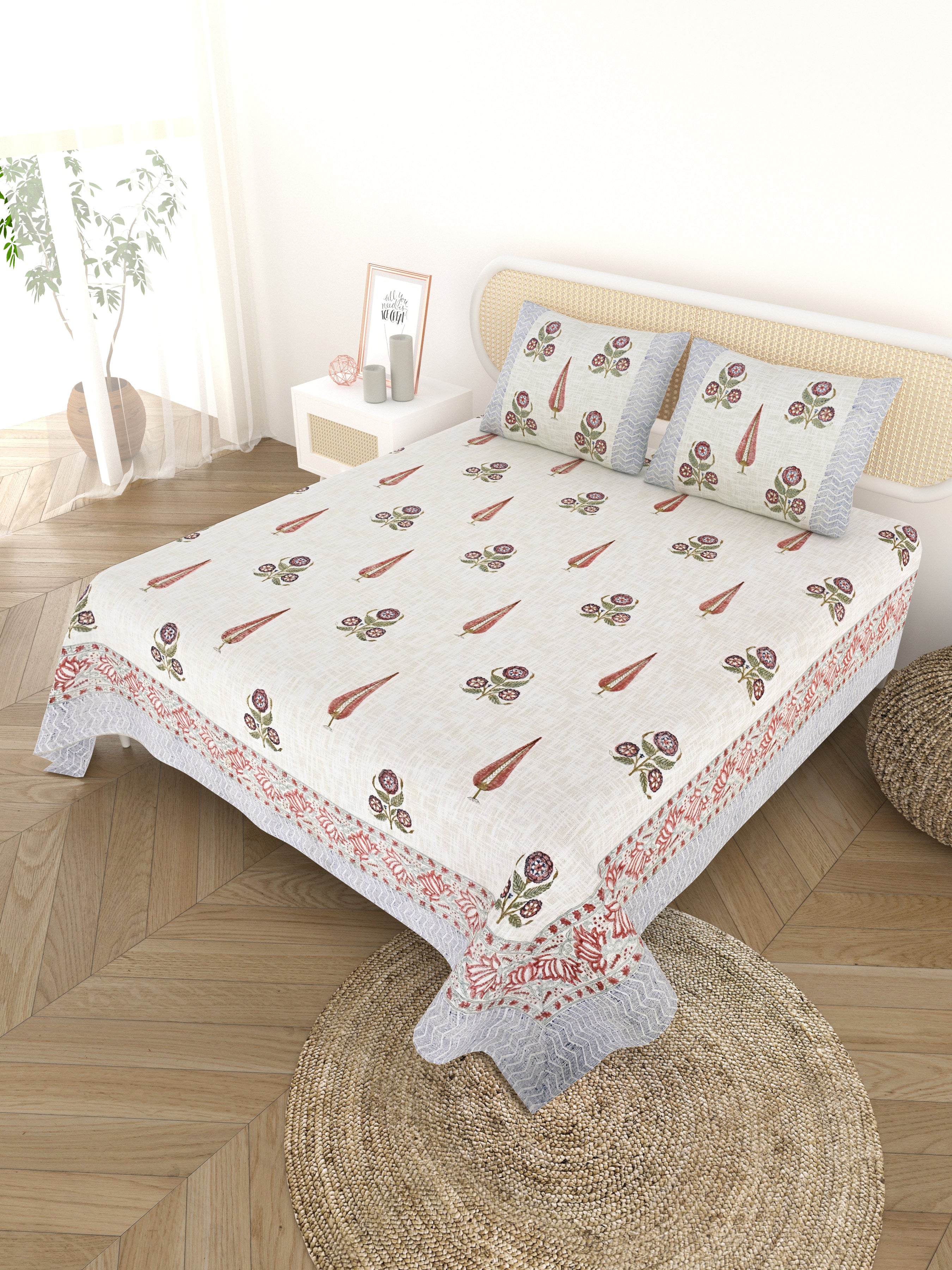 Handblock printed Jute Cotton Bedcover - Double King with 2 Pillow Covers