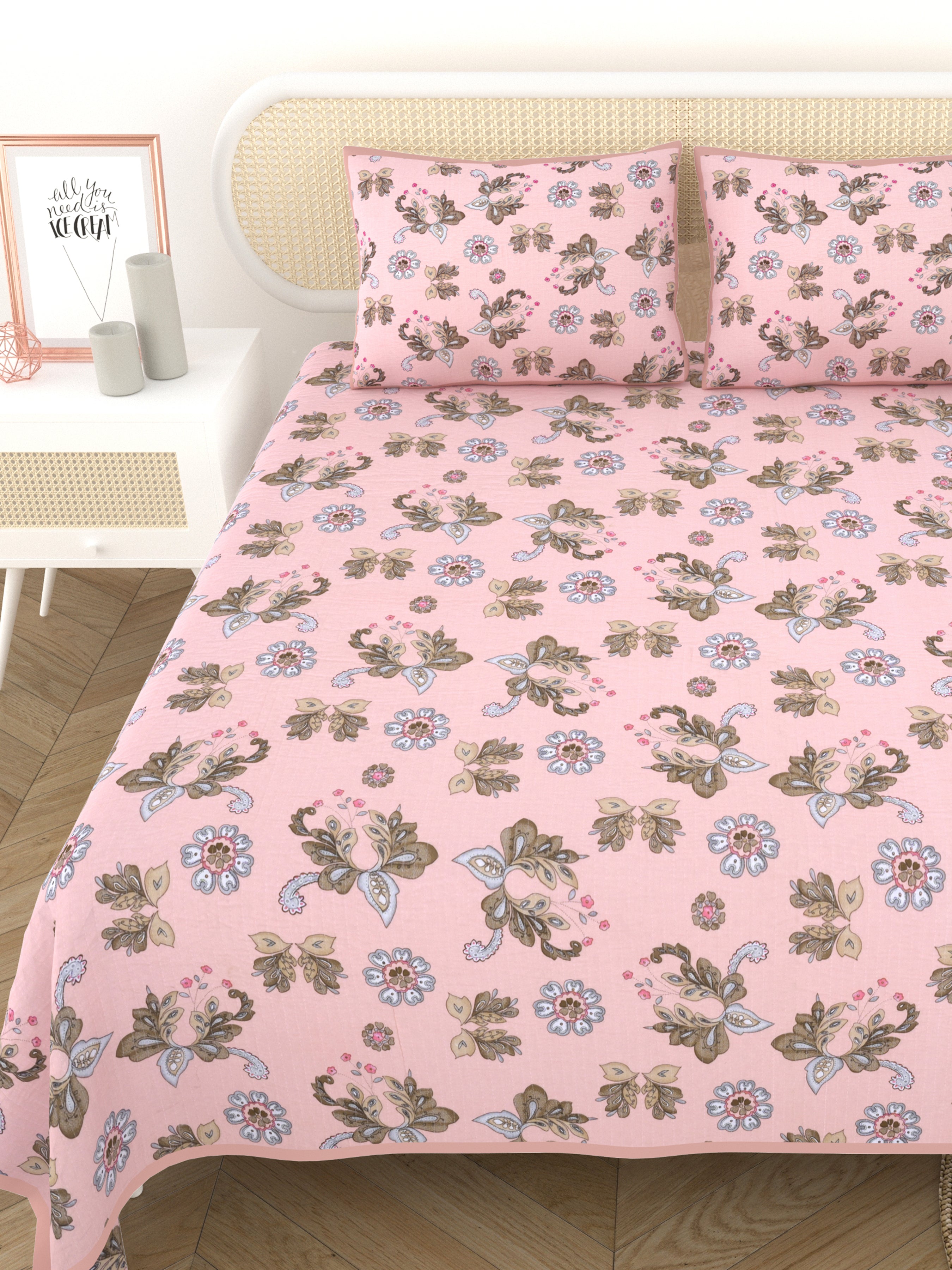 Quilted Floral Printed Reversible Bedcover with 2 Pillow Covers