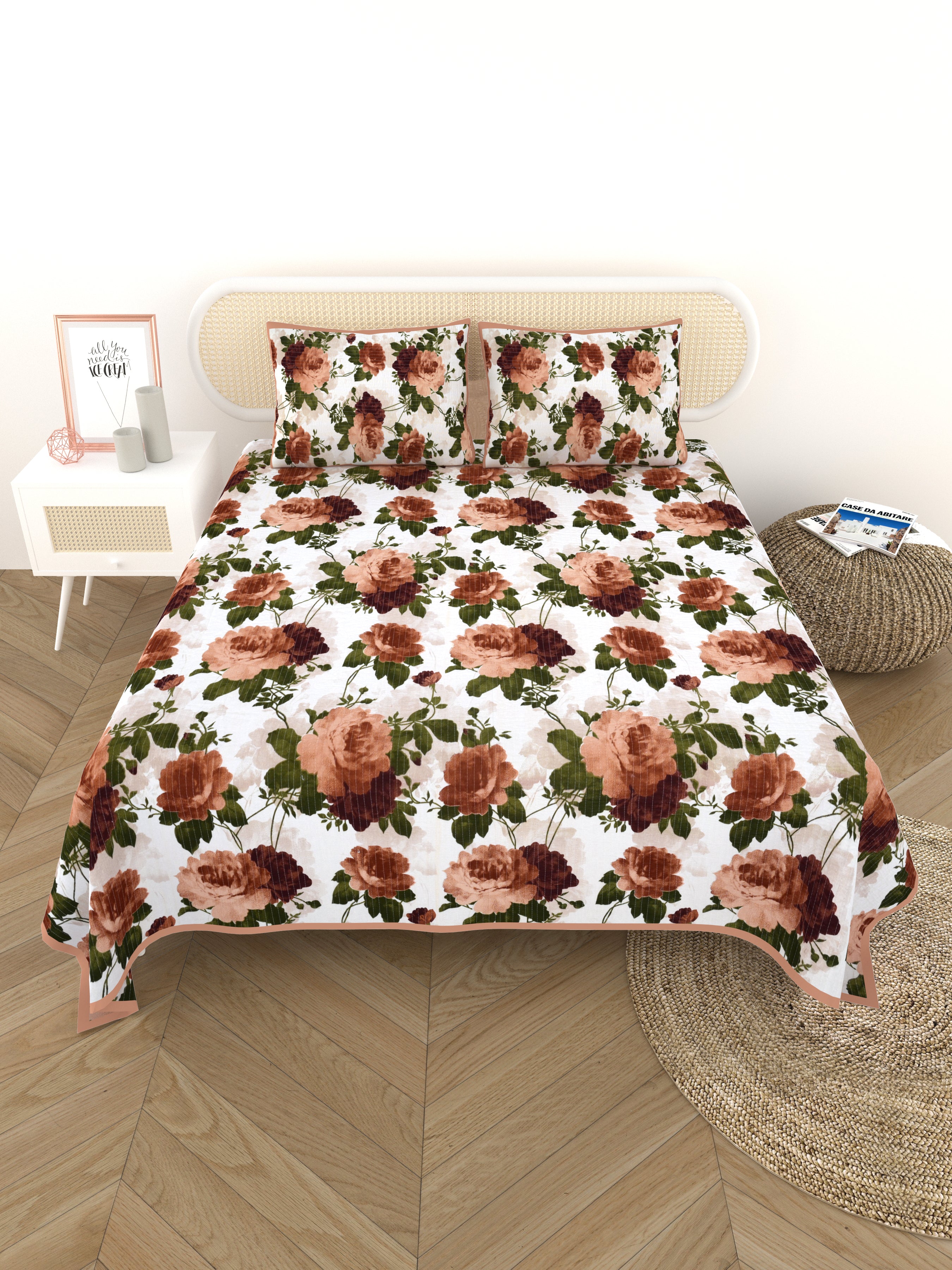 Quilted Floral Printed Reversible Bedcover with 2 Pillow Covers