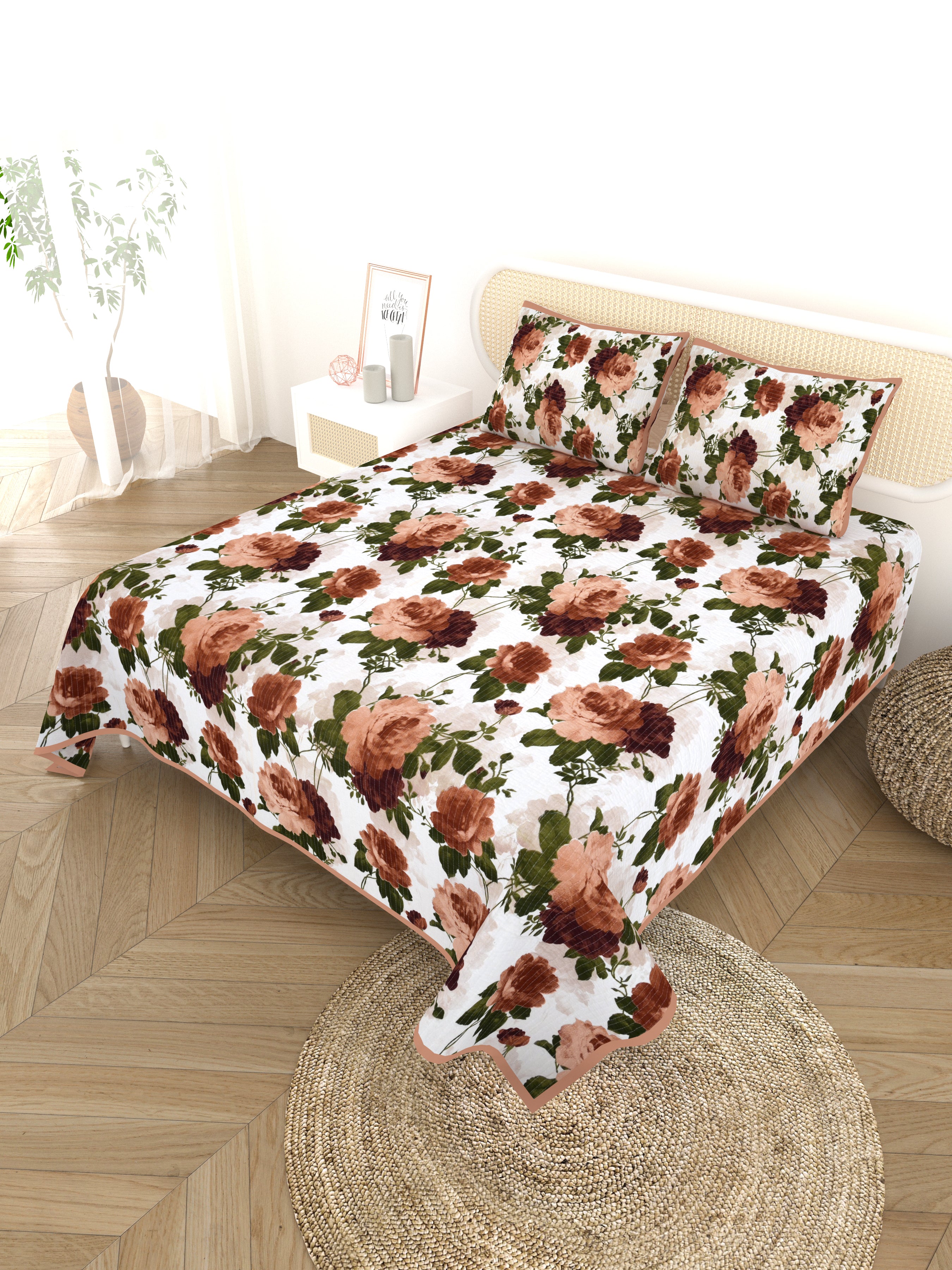 Quilted Floral Printed Reversible Bedcover with 2 Pillow Covers