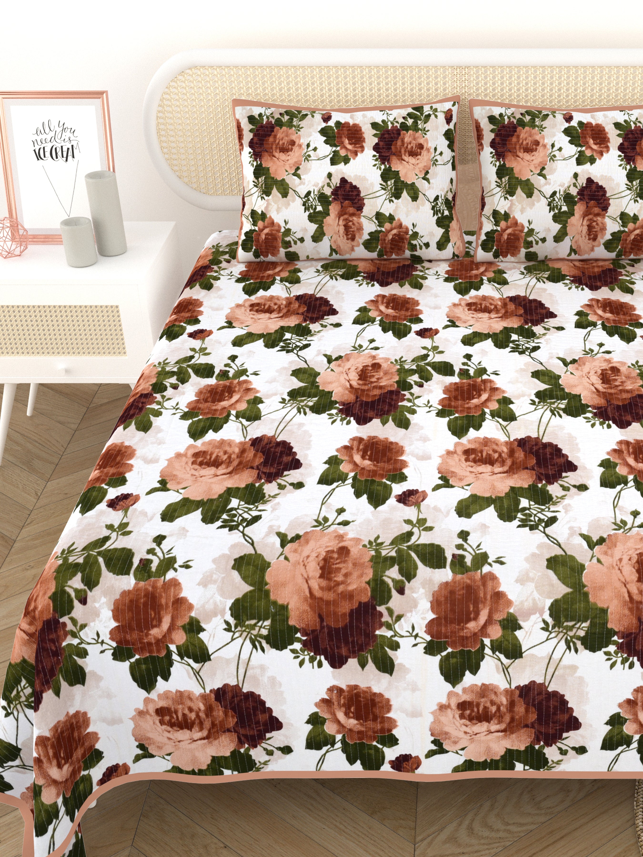 Quilted Floral Printed Reversible Bedcover with 2 Pillow Covers