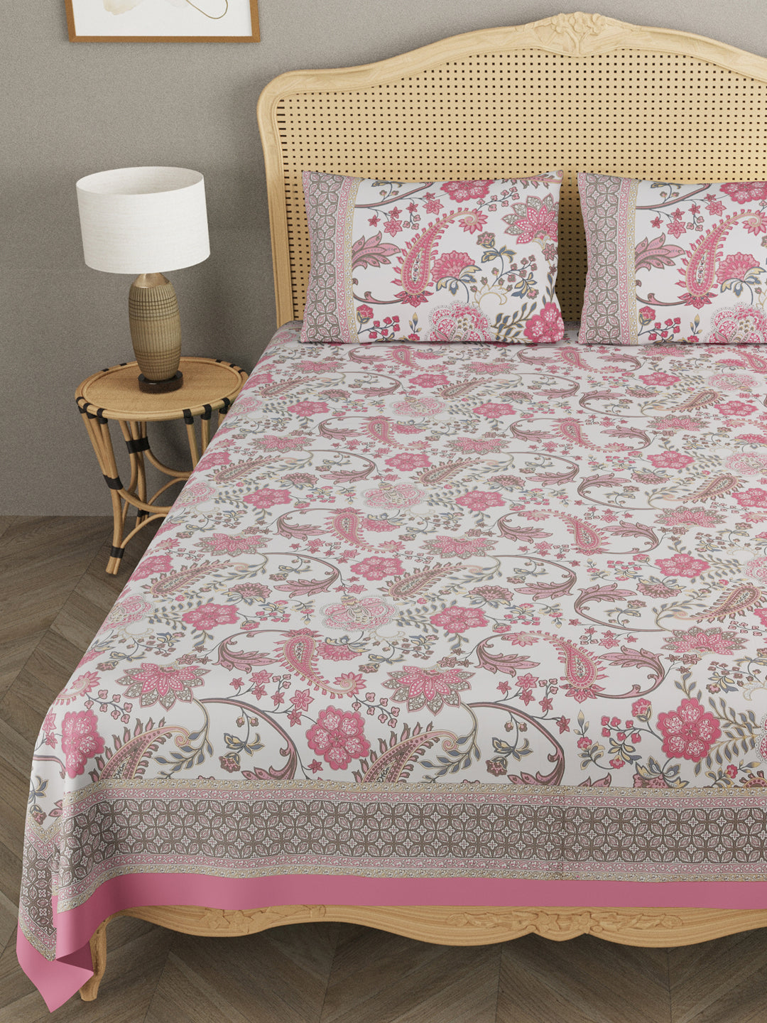 Handblock Printed Maroon  Super King Bedsheet with 2 Pillow Covers