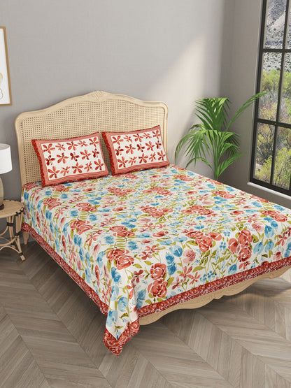 Floral Print Cotton Double King Bedsheet with 2 Pillow Covers