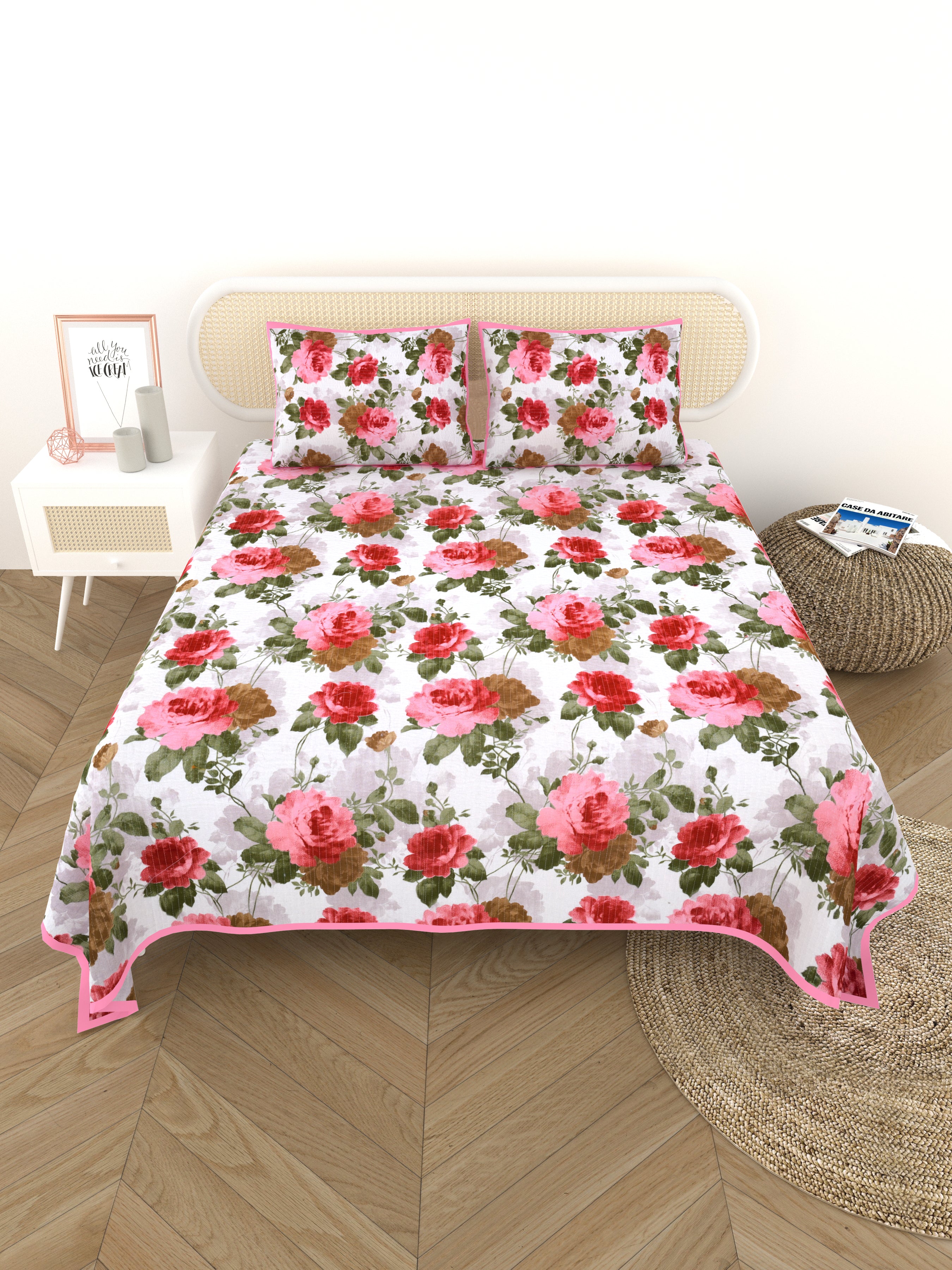 Quilted Floral Printed Reversible Bedcover with 2 Pillow Covers