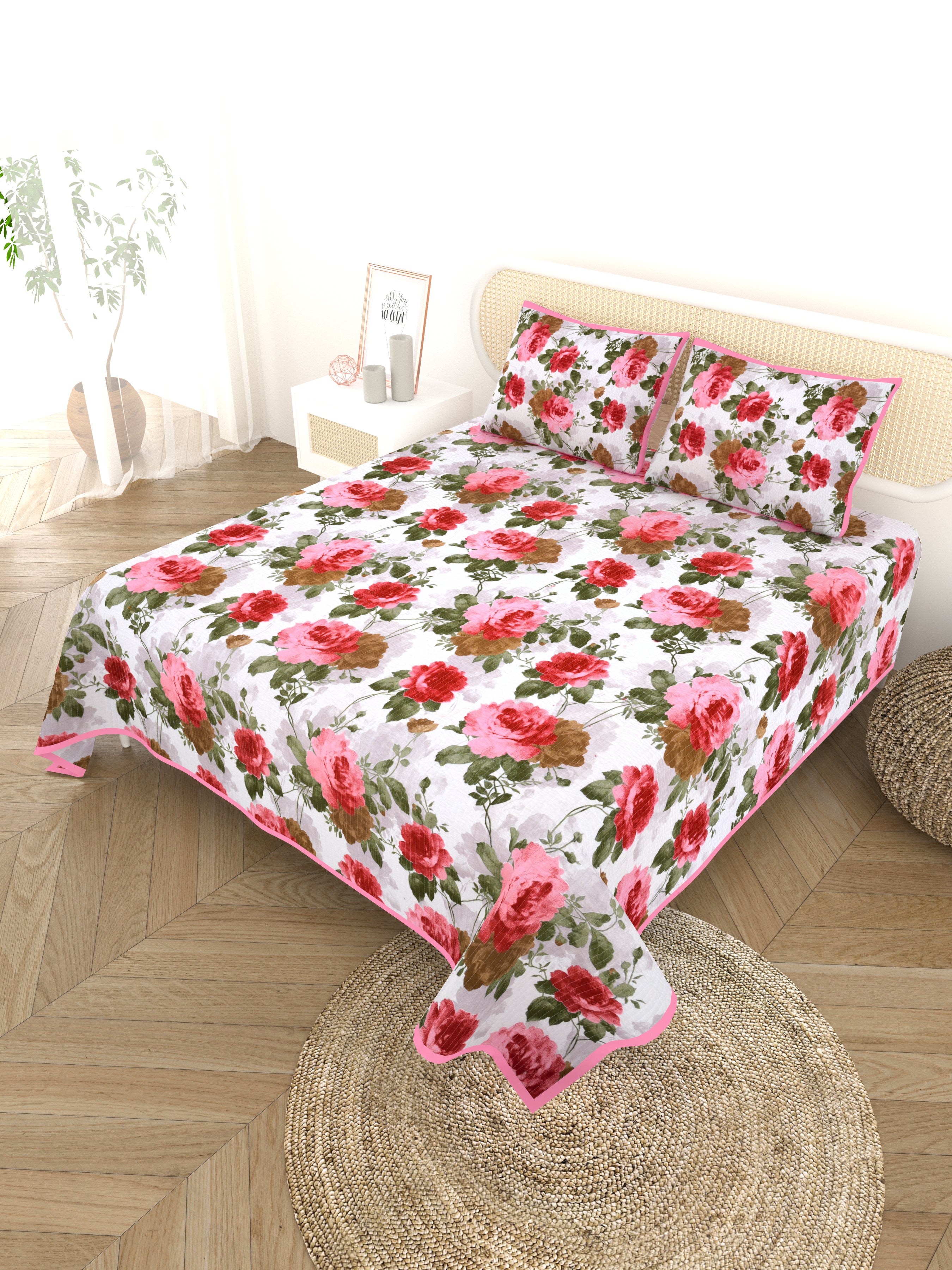 Quilted Floral Printed Reversible Bedcover with 2 Pillow Covers