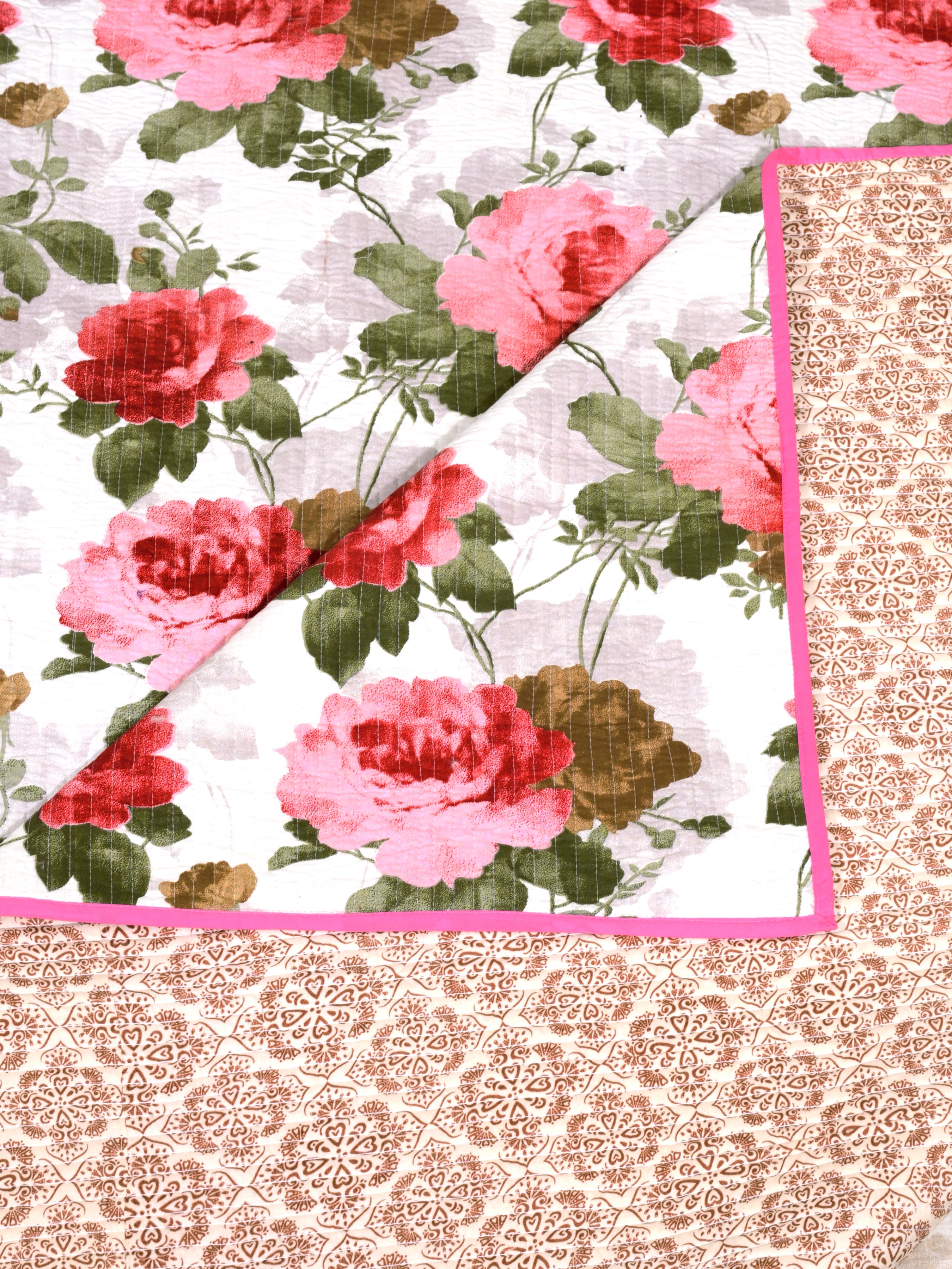 Quilted Floral Printed Reversible Bedcover with 2 Pillow Covers